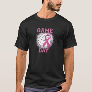 Game Day Pink Ribbon Volleyball Tackle Breast Canc T-Shirt