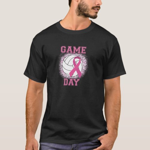 Game Day Pink Ribbon Volleyball Tackle Breast Canc T_Shirt