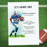 Game Day Running American Football 50th birthday Invitation<br><div class="desc">Kick off the party in style with this American football–inspired birthday invitation. The design shows a watercolor illustration of a football player in white and blue gear, jersey number 50, running with the ball. The headline “It's game day” adds a playful nod to the milestone. On the back the same...</div>