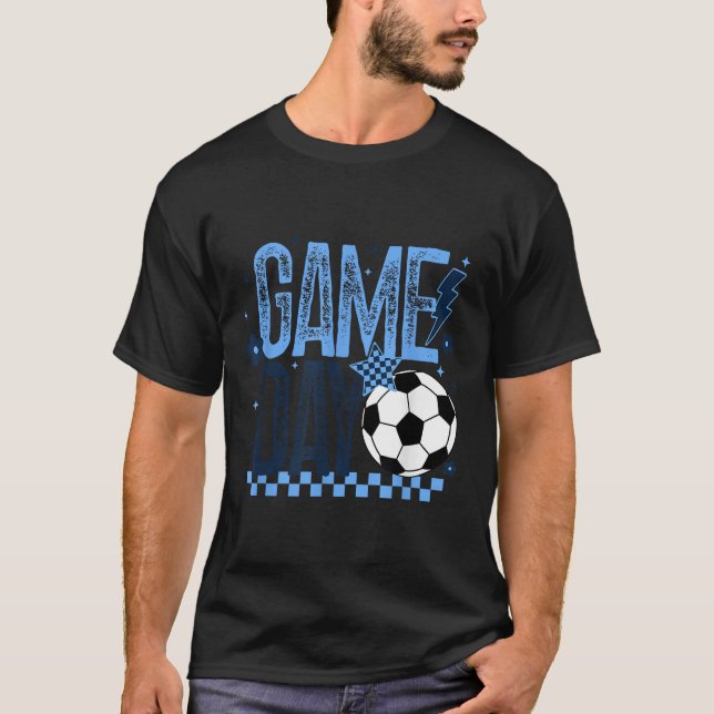 Game Day Soccer Season Retro Light Blue Checkered  T-Shirt (Front)