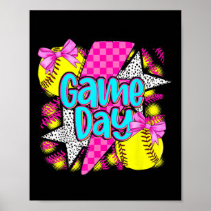 Game Day Softball Lighning Coquette Bow Funny Soft Poster