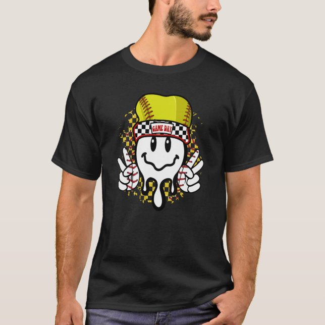 Game Day Softball Retro Smile Face Baseball Softba T-Shirt (Front)