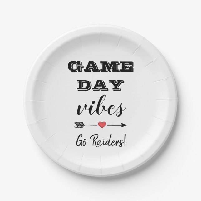 Game Day Vibes Team Heart Personalized Text Paper Plates (Front)