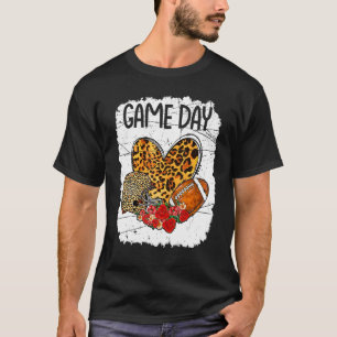 Game Day With Leopard Heart Football Mom Bleached T-Shirt