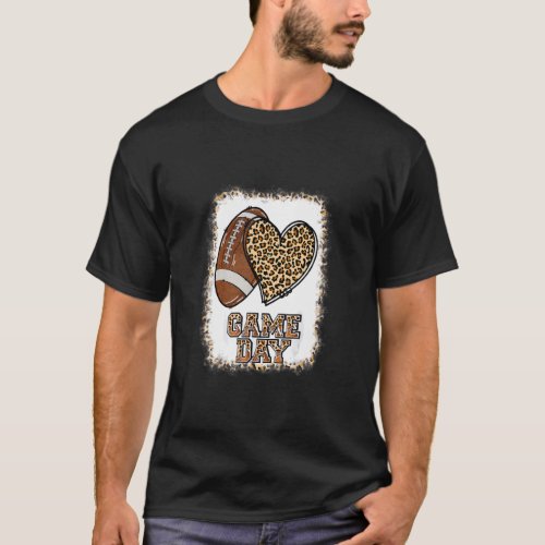 Game Day With Leopard Heart Football  Mom Bleached T_Shirt