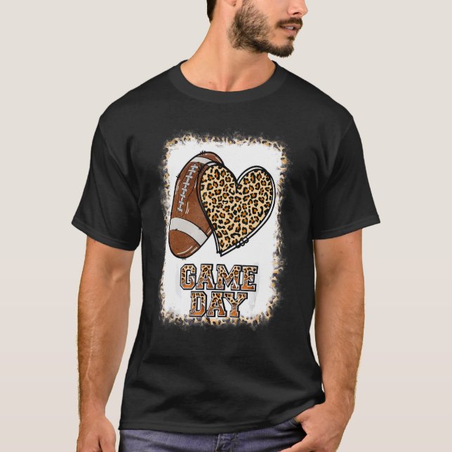 Game Day With Leopard Heart Football  Mom Bleached T-Shirt (Front)