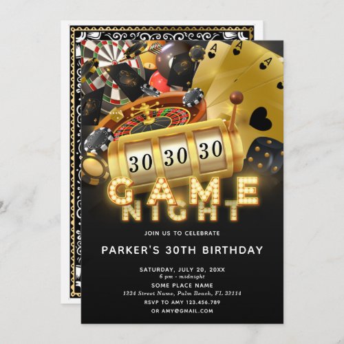 Game Night Birthday Party Black Gold Invitation