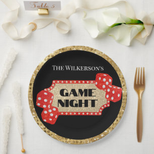 Game Night Glitter Marquee Sign on Black Paper Plates