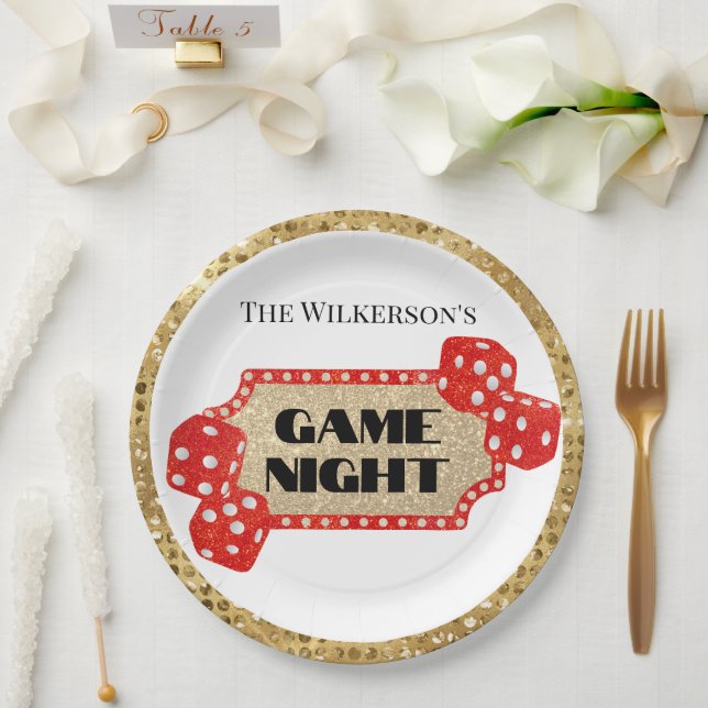 Game Night Glitter Marquee Sign Paper Plates (Wedding)