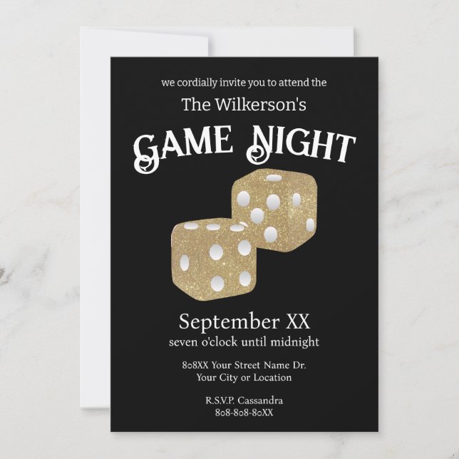 Game Night Gold Glitter Dice on Black Invitation (Front)