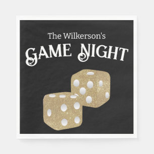 Game Night Gold Glitter Dice on Black Napkins