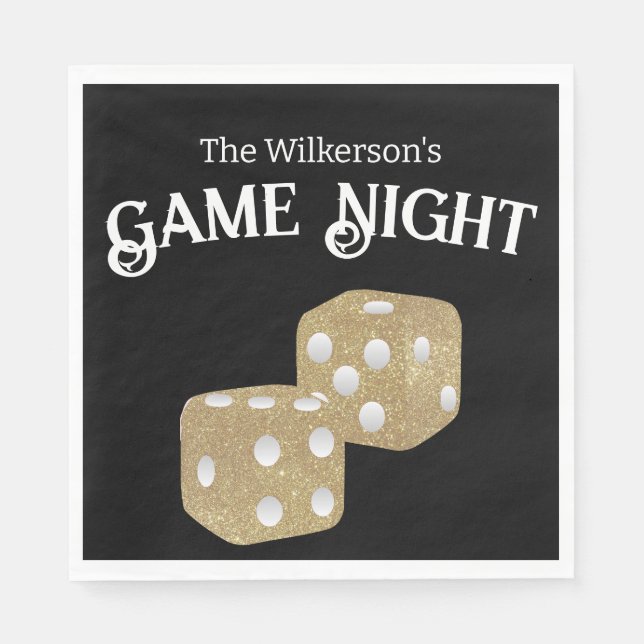 Game Night Gold Glitter Dice on Black Napkins (Front)