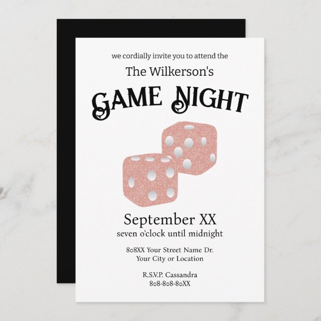 Game Night Pink Glitter Dice Invitation (Front/Back)