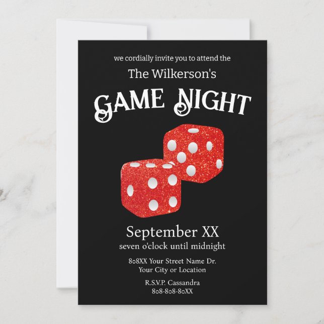 Game Night Red Glitter Dice on Black Invitation (Front)