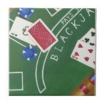 Game of Blackjack with Chips by Chariklia Zarris Tile<br><div class="desc">Ace's up! This dazzling piece by Chariklia Zarris shows a game of blackjack being played. Stacks of chips wait to be bet and cards wait to be flipped over. Purchase a copy today!</div>