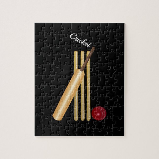 Game of Cricket, Bat and Ball, White Text Jigsaw Puzzle (Vertical)