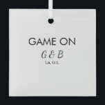 Game on add couple name wedding party place city g glass ornament<br><div class="desc">design</div>