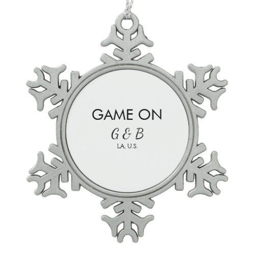 Game on add couple name wedding party place city g snowflake pewter christmas ornament