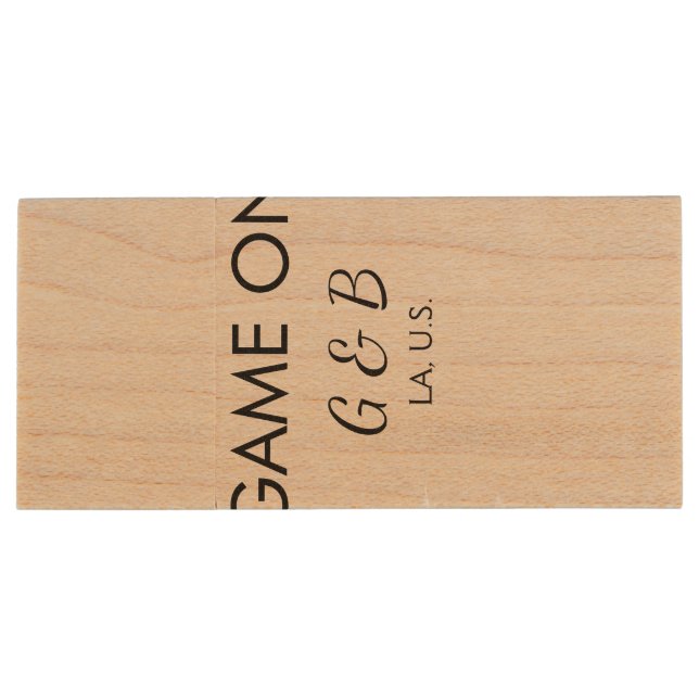 Game on add couple name wedding party place city g wood flash drive (Back)