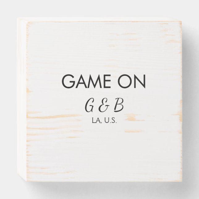 Game on add couple name wedding party place city g wooden box sign (Front Horizontal)