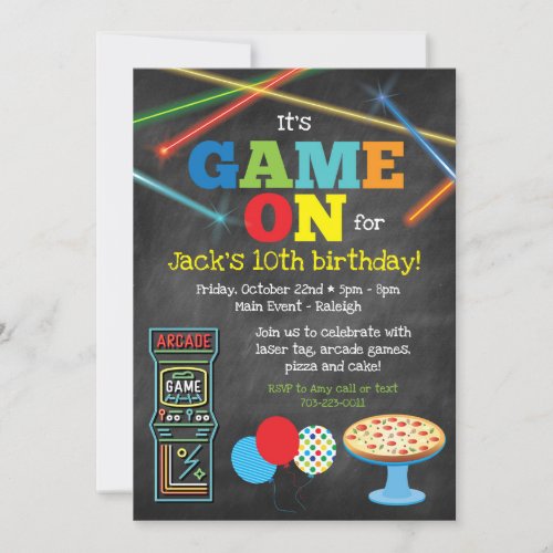 Game On Arcade Pizza Party Chalkboard Invitation