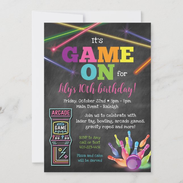Game On Arcade Pizza Party Chalkboard Invitation (Front)