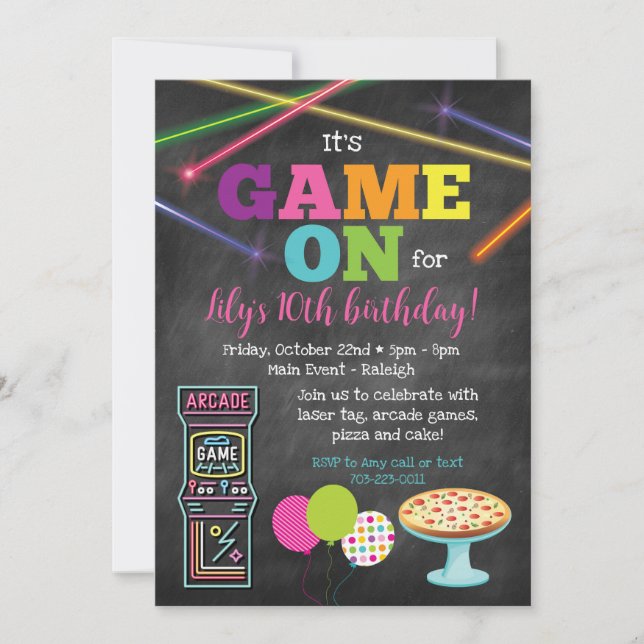 Game On Arcade Pizza Party Chalkboard Invitation (Front)