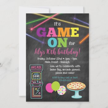 Game On Arcade Pizza Party Chalkboard Invitation by modernmaryella at Zazzle
