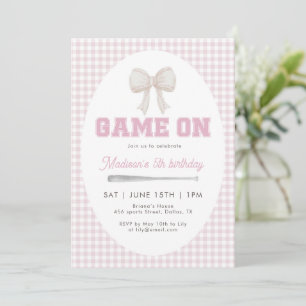 Game On Baseball Bow Pink Gingham Preppy 5th  Invitation