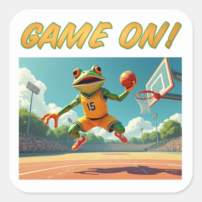 Game On Basketball Frog large square stickers (Front)