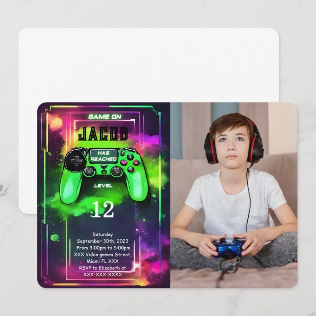 Game On, Boy Video Game Birthday Photo Invitation (Front/Back)