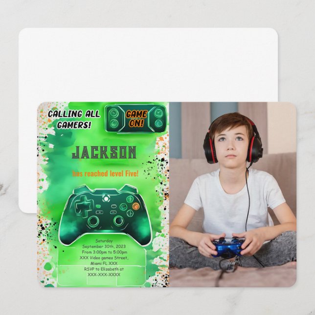 Game On, Boy Video Game Birthday Photo Invitation (Front/Back)