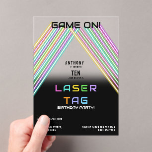Game On Colorful Neon Laser Tag Birthday Acrylic Invitations