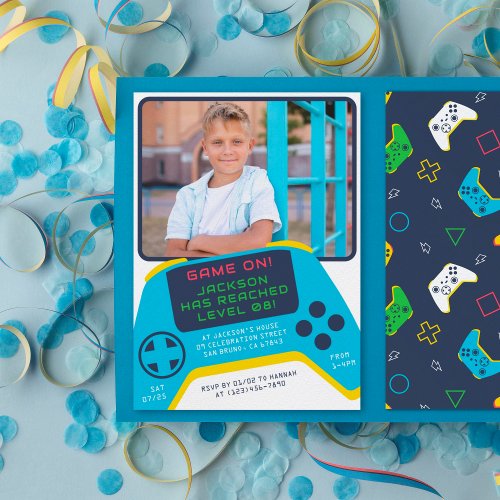 Game On  Cool Video Game Boy Birthday Party Photo Invitation