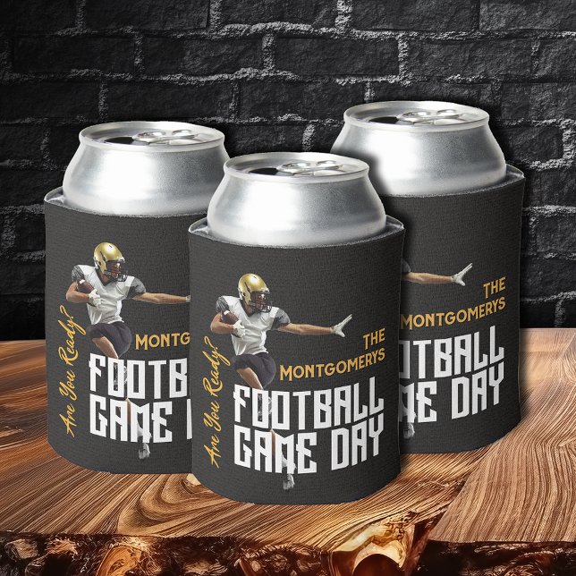 Game On Football Player on Black Can Cooler (Football player game day black beverage can coolers)