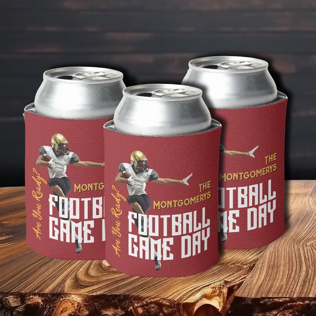 Game On Football Player on Red Can Cooler (Game on football player on red beverage can coolers)