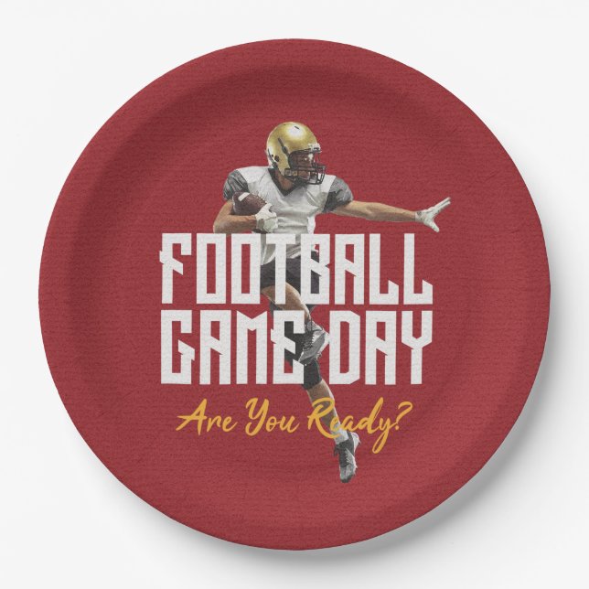 Game On Football Player on Red Paper Plates (Front)