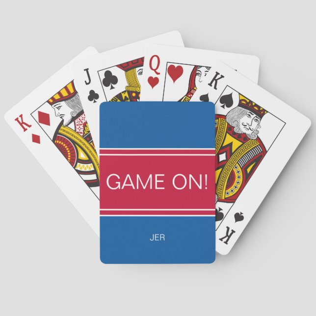 GAME ON Funny Quote Cute Custom Monogram Blue Red Poker Cards (Back)