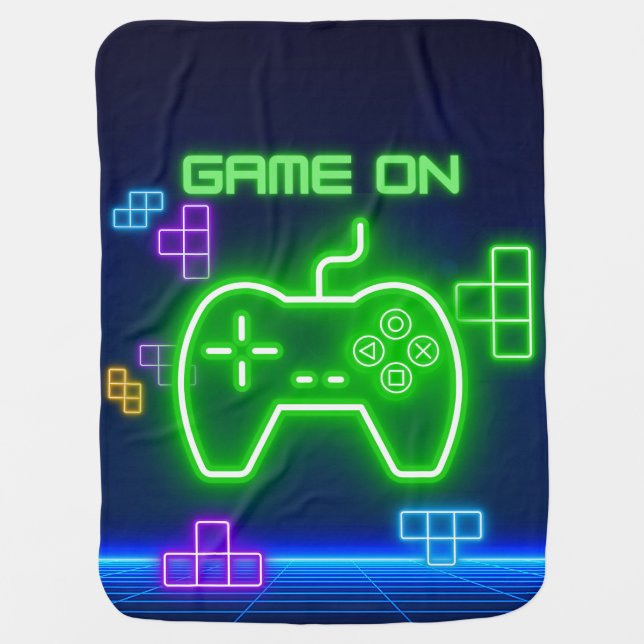 Game on Gamer neon green, and blue baby Blanket (Front)