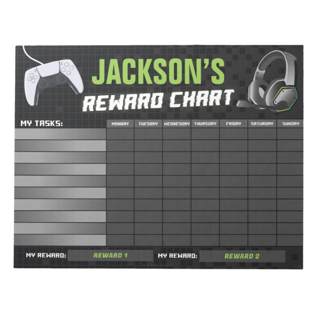 Game On Gaming Neon Green Reward Chart Personalize Notepad (Front)