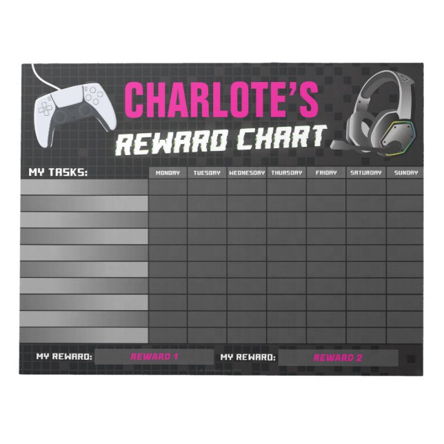Game On Gaming Neon Pink Reward Chart Personalized Notepad (Front)