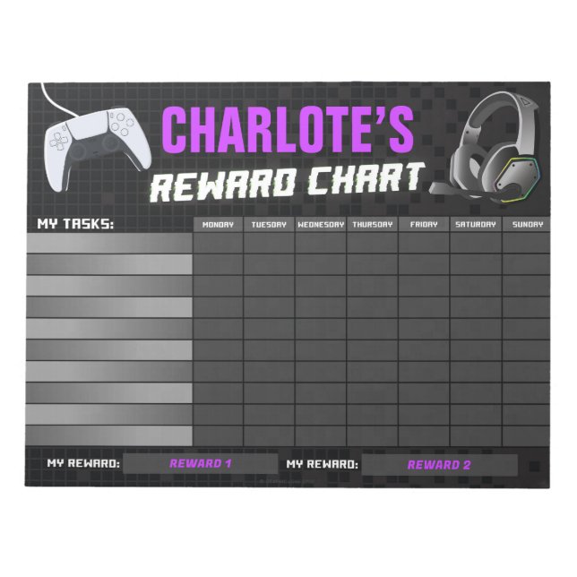Game On Gaming Purple Reward Chart Personalized Notepad (Front)
