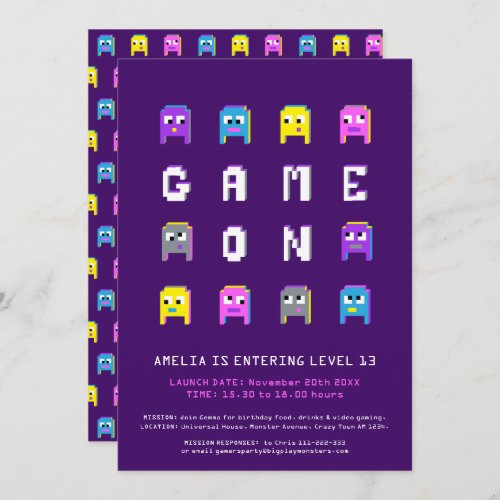 Game on girls video gaming 13th birthday party invitation