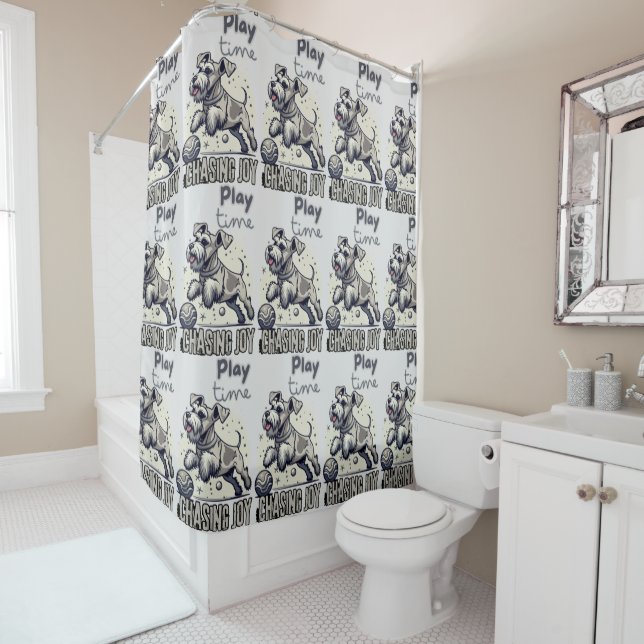 Game On: Gray Pup’s Playful Ball Chase Shower Curtain (In Situ)