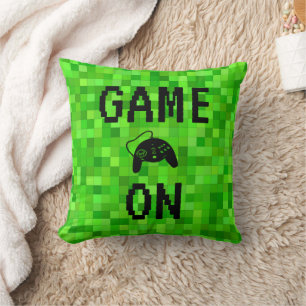 GAME ON   Green Gamer Pixels Personalized Throw Pillow