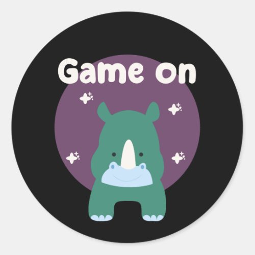 Game on Kawaii funny baby rhino in blue color Classic Round Sticker
