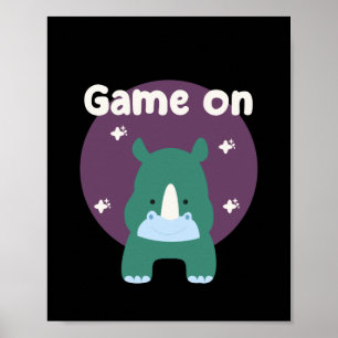 Game on Kawaii funny baby rhino in blue color  Poster