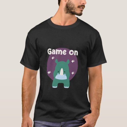 Game on Kawaii funny baby rhino in blue color  T_Shirt