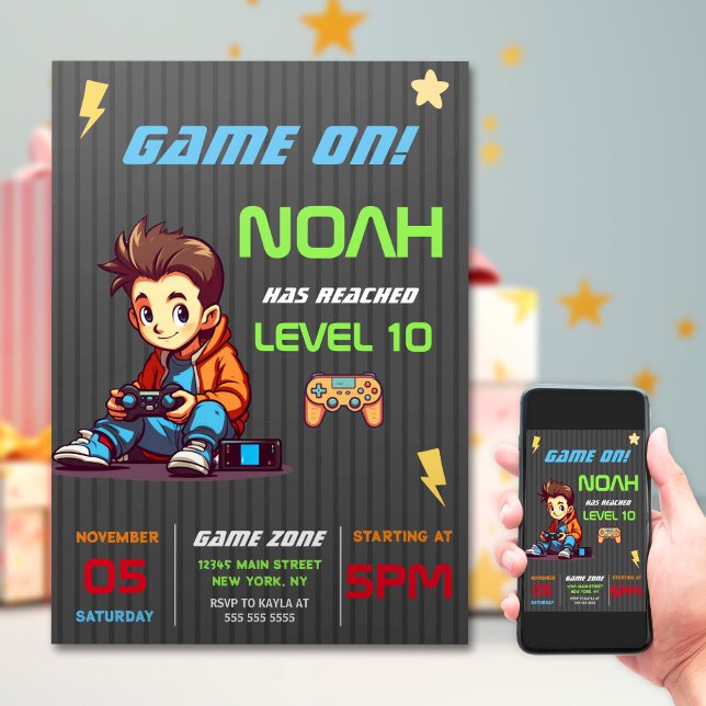 Game On Level Up Fun Video Game Birthday Party Invitation (Creator Uploaded)