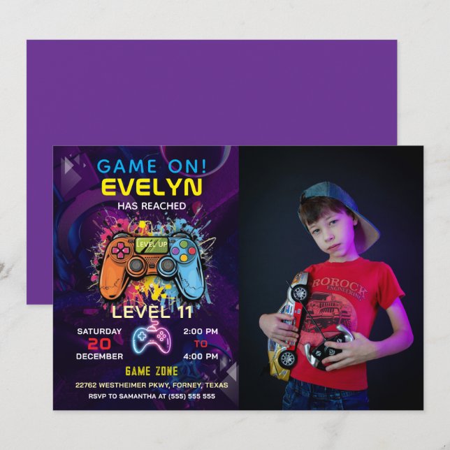  Game On Level Up Video Game Birthday Invitation (Front/Back)
